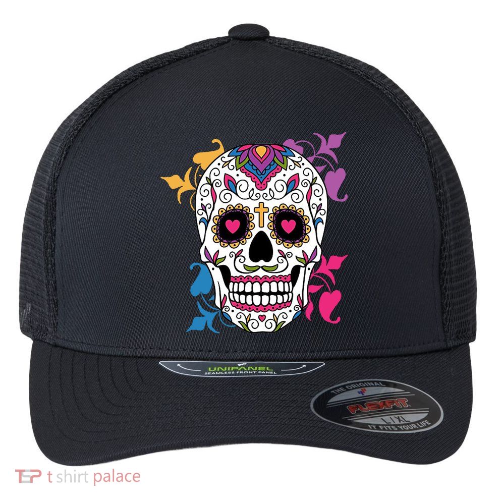 Candy Floral Graphic Skull Design Flexfit Unipanel Trucker Cap