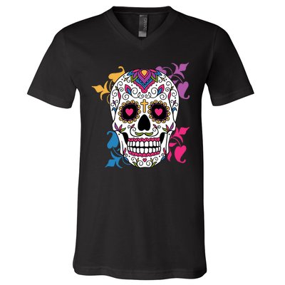 Candy Floral Graphic Skull Design V-Neck T-Shirt