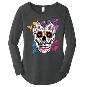 Candy Floral Graphic Skull Design Women's Perfect Tri Tunic Long Sleeve Shirt