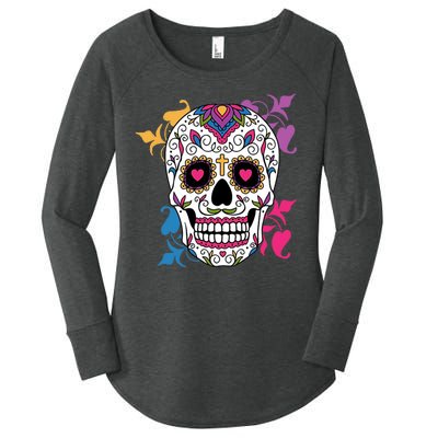 Candy Floral Graphic Skull Design Women's Perfect Tri Tunic Long Sleeve Shirt