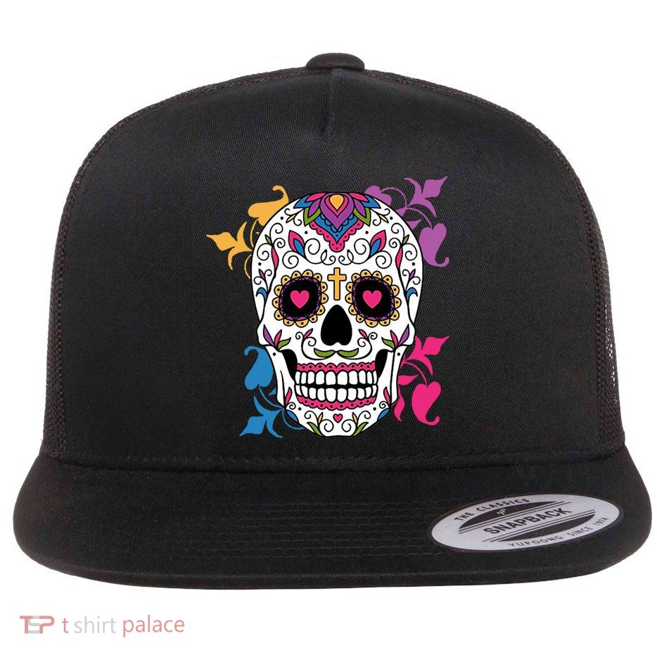 Candy Floral Graphic Skull Design Flat Bill Trucker Hat
