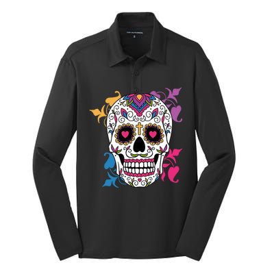 Candy Floral Graphic Skull Design Silk Touch Performance Long Sleeve Polo