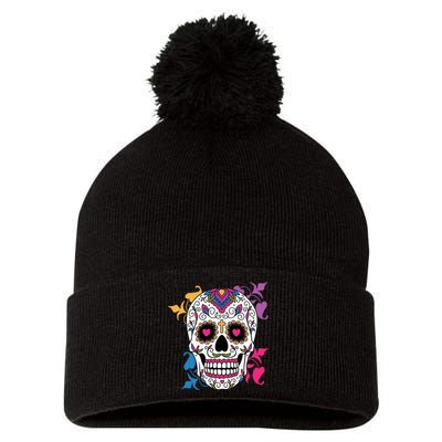 Candy Floral Graphic Skull Design Pom Pom 12in Knit Beanie