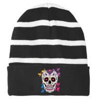 Candy Floral Graphic Skull Design Striped Beanie with Solid Band