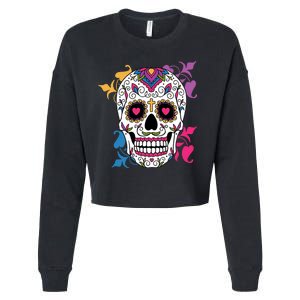 Candy Floral Graphic Skull Design Cropped Pullover Crew