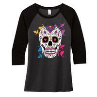 Candy Floral Graphic Skull Design Women's Tri-Blend 3/4-Sleeve Raglan Shirt