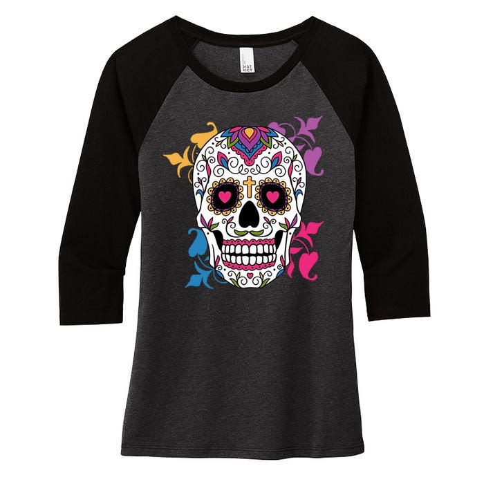 Candy Floral Graphic Skull Design Women's Tri-Blend 3/4-Sleeve Raglan Shirt