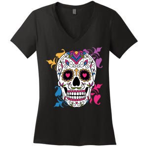 Candy Floral Graphic Skull Design Women's V-Neck T-Shirt