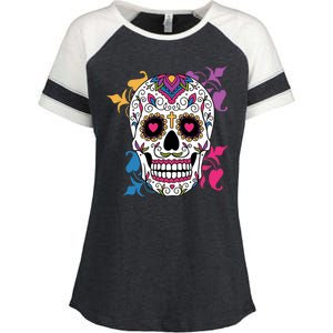 Candy Floral Graphic Skull Design Enza Ladies Jersey Colorblock Tee