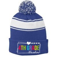 Cute Fourth Grade Teacher Heart For Teachers 4Th Grade Cool Gift Stripe Pom Pom Beanie