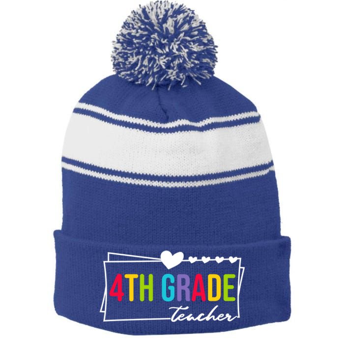 Cute Fourth Grade Teacher Heart For Teachers 4Th Grade Cool Gift Stripe Pom Pom Beanie