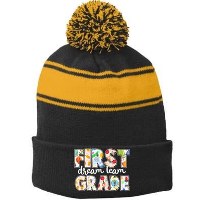 Cute First Grade Dream Team Back To School Stripe Pom Pom Beanie