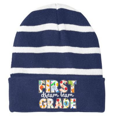 Cute First Grade Dream Team Back To School Striped Beanie with Solid Band