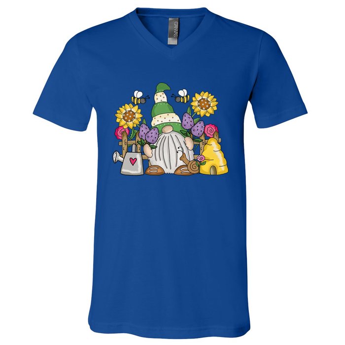 Cute Flower Garden Gnome With Bees And Flowers Gift Gardener Funny Gift V-Neck T-Shirt