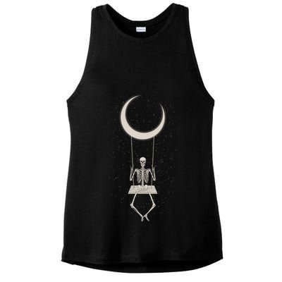 Cool Funny Halloween Skeleton On A Moon Swing Ladies PosiCharge Tri-Blend Wicking Tank