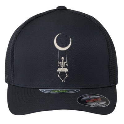 Cool Funny Halloween Skeleton On A Moon Swing Flexfit Unipanel Trucker Cap