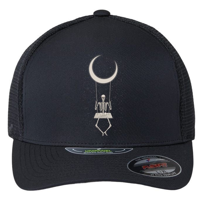 Cool Funny Halloween Skeleton On A Moon Swing Flexfit Unipanel Trucker Cap