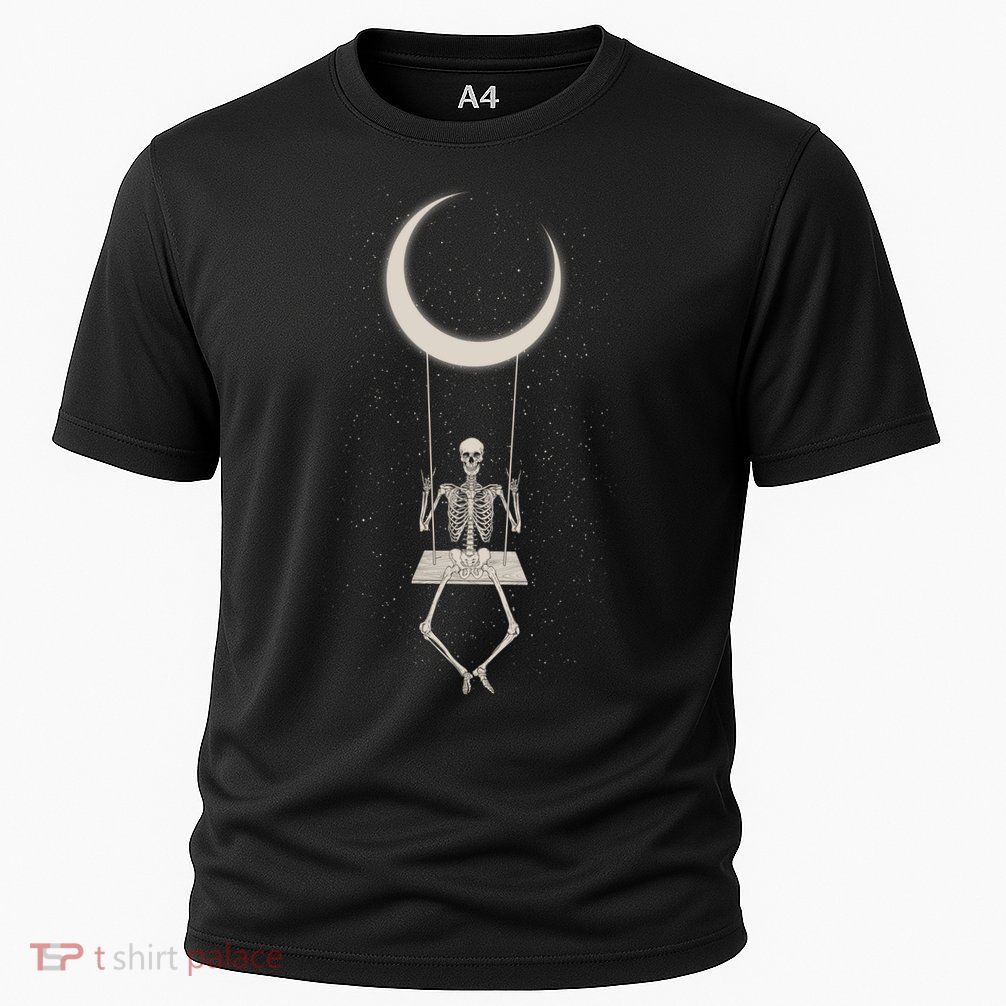 Cool Funny Halloween Skeleton On A Moon Swing Performance Shirt