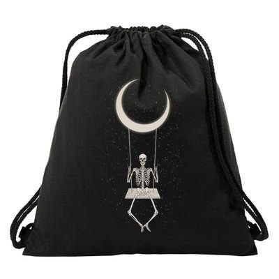 Cool Funny Halloween Skeleton On A Moon Swing Drawstring Bag