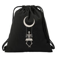 Cool Funny Halloween Skeleton On A Moon Swing Drawstring Bag