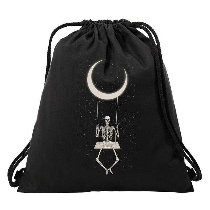 Cool Funny Halloween Skeleton On A Moon Swing Drawstring Bag