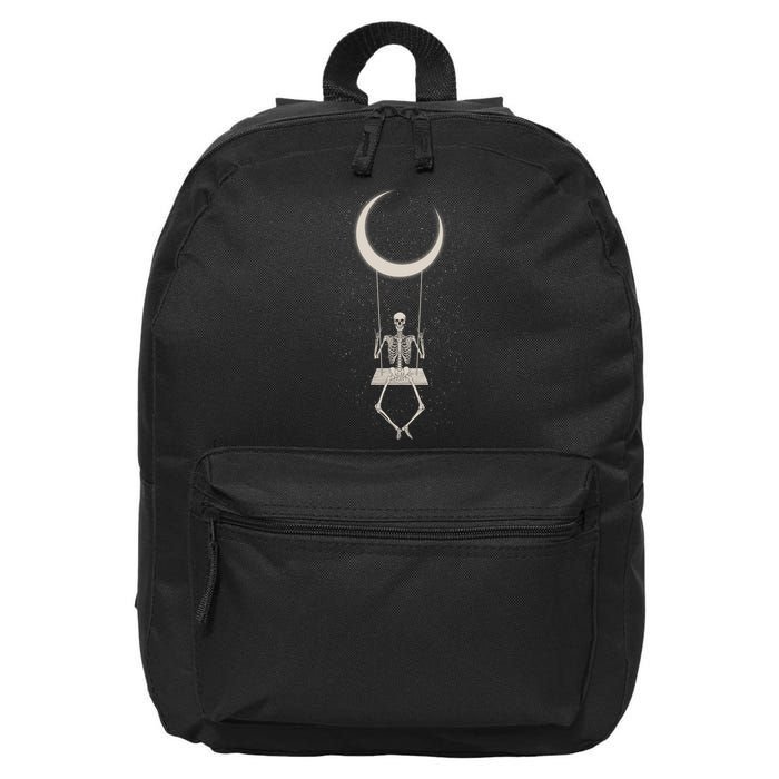 Cool Funny Halloween Skeleton On A Moon Swing 16 in Basic Backpack