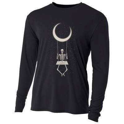 Cool Funny Halloween Skeleton On A Moon Swing Cooling Performance Long Sleeve Crew