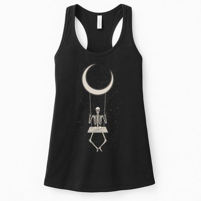 Cool Funny Halloween Skeleton On A Moon Swing Womens Tank Top