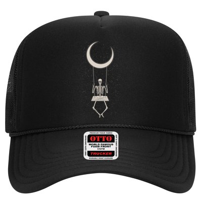 Cool Funny Halloween Skeleton On A Moon Swing Trucker Hat