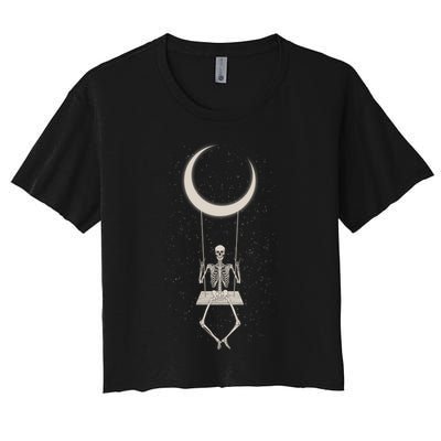 Cool Funny Halloween Skeleton On A Moon Swing Crop Top
