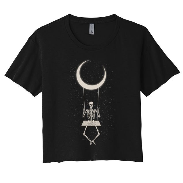 Cool Funny Halloween Skeleton On A Moon Swing Crop Top