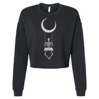 Cool Funny Halloween Skeleton On A Moon Swing Cropped Pullover Crew