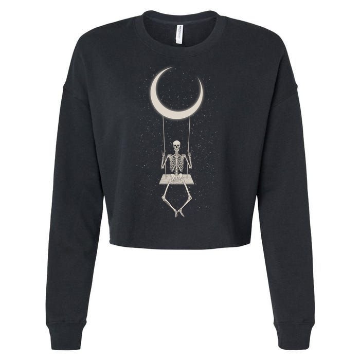 Cool Funny Halloween Skeleton On A Moon Swing Cropped Pullover Crew