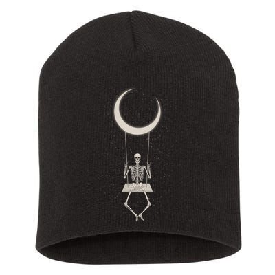 Cool Funny Halloween Skeleton On A Moon Swing Short Acrylic Beanie