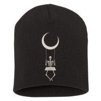 Cool Funny Halloween Skeleton On A Moon Swing Short Acrylic Beanie