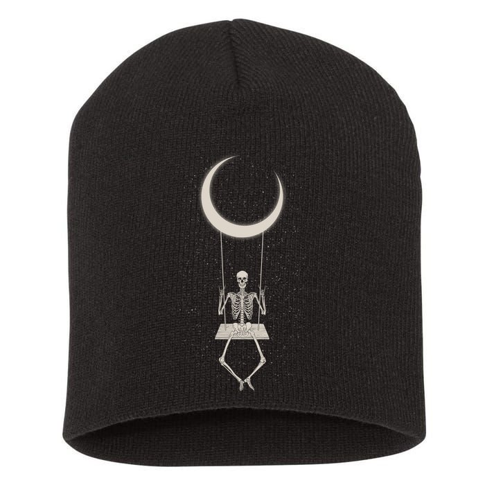 Cool Funny Halloween Skeleton On A Moon Swing Short Acrylic Beanie