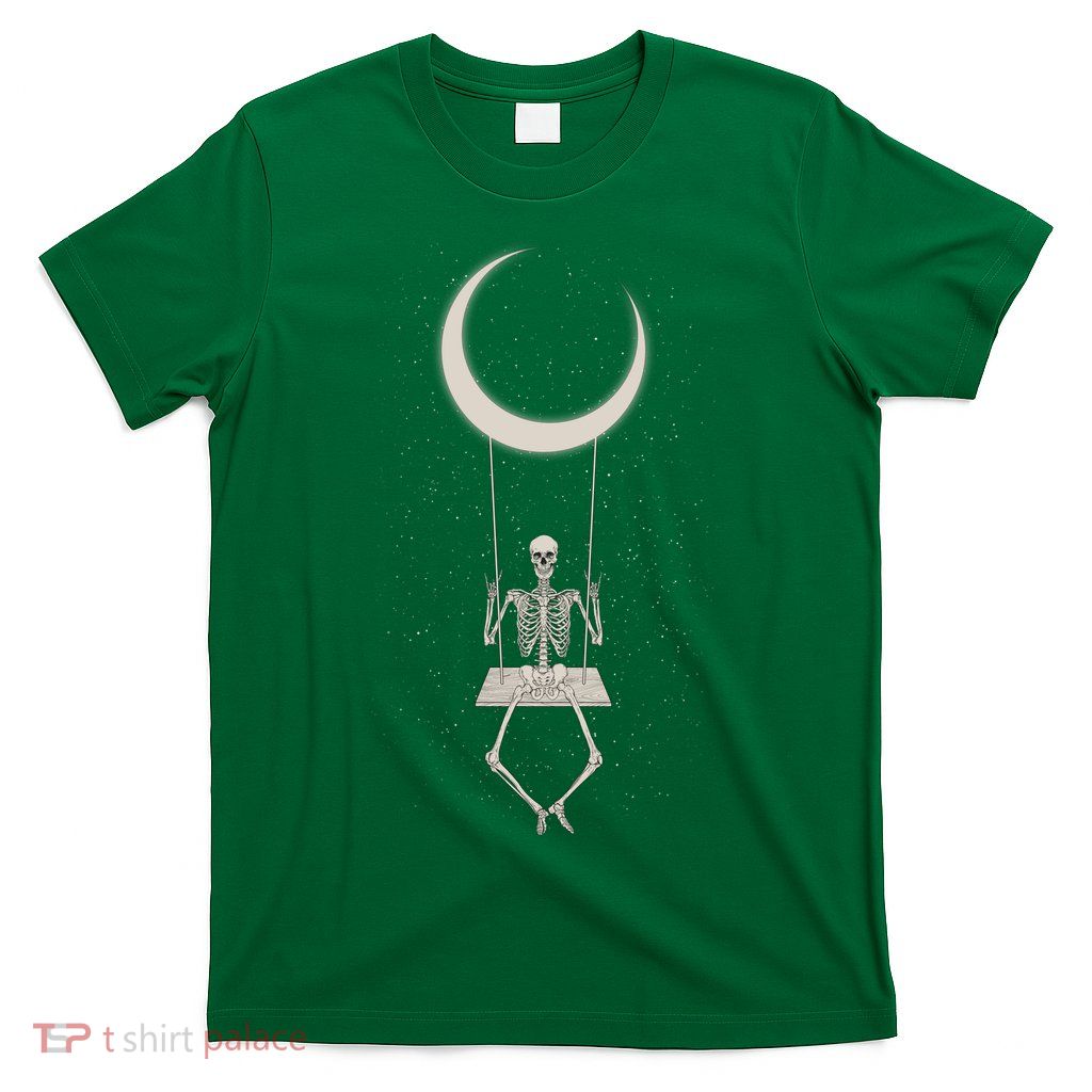 Cool Funny Halloween Skeleton On A Moon Swing T-Shirt