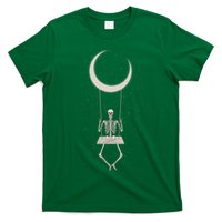 Cool Funny Halloween Skeleton On A Moon Swing T-Shirt