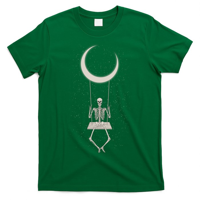 Cool Funny Halloween Skeleton On A Moon Swing T-Shirt