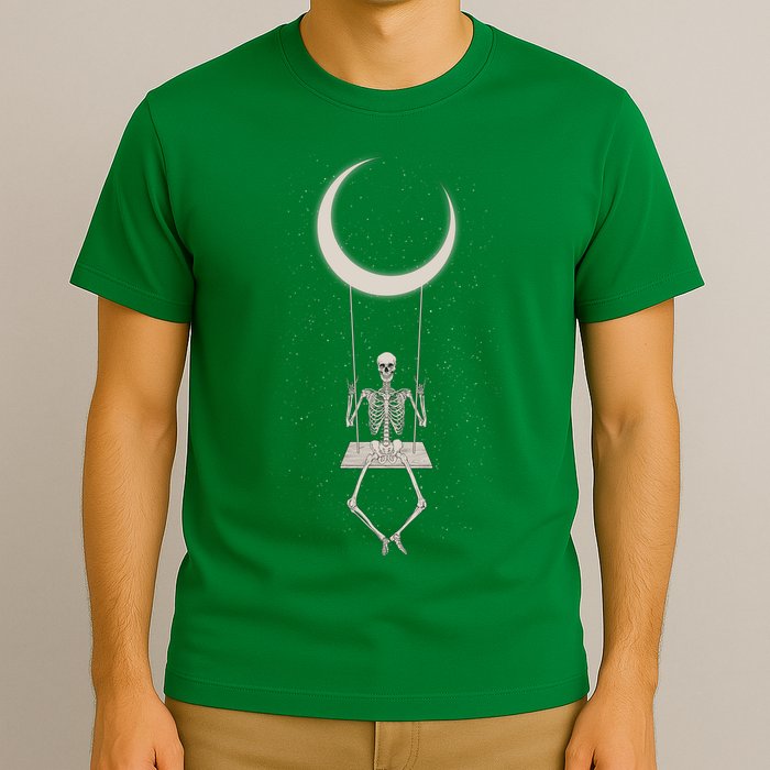 Cool Funny Halloween Skeleton On A Moon Swing T-Shirt