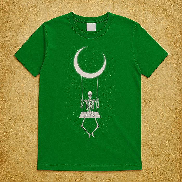 Cool Funny Halloween Skeleton On A Moon Swing T-Shirt