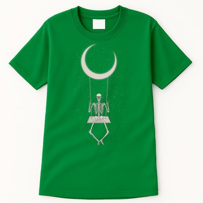 Cool Funny Halloween Skeleton On A Moon Swing Tall T-Shirt
