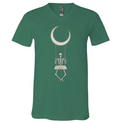 Cool Funny Halloween Skeleton On A Moon Swing V-Neck T-Shirt