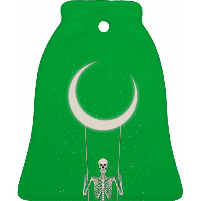 Cool Funny Halloween Skeleton On A Moon Swing Ceramic Bell Ornament