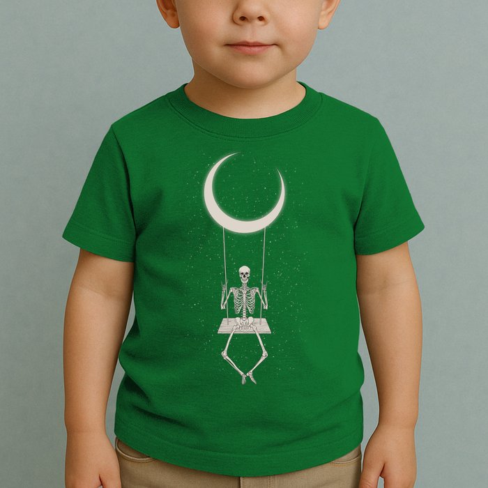 Cool Funny Halloween Skeleton On A Moon Swing Toddler T-Shirt