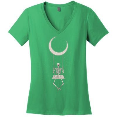 Cool Funny Halloween Skeleton On A Moon Swing Women's V-Neck T-Shirt