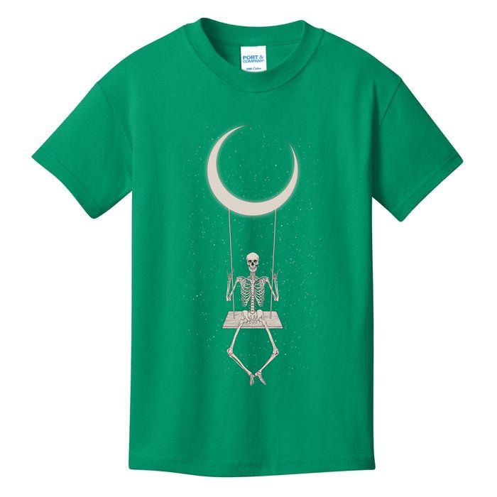 Cool Funny Halloween Skeleton On A Moon Swing Kids T-Shirt