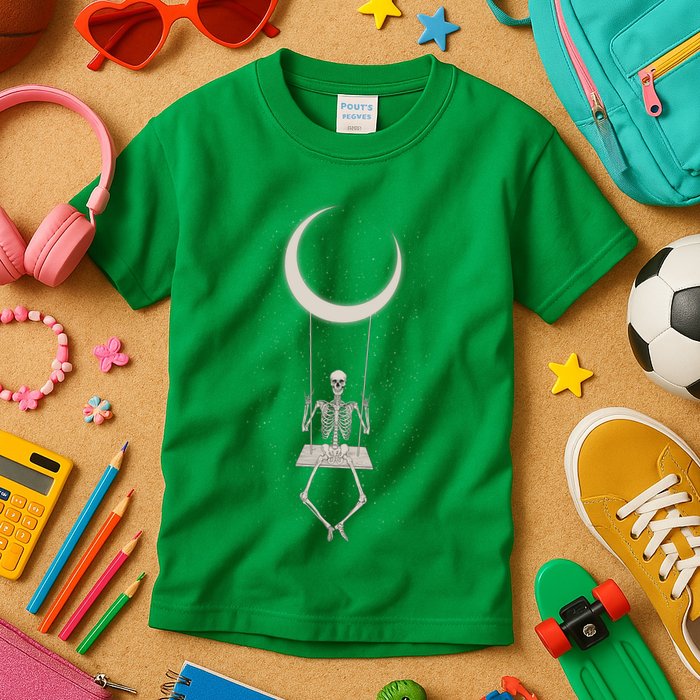 Cool Funny Halloween Skeleton On A Moon Swing Kids T-Shirt