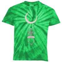 Cool Funny Halloween Skeleton On A Moon Swing Kids Tie-Dye T-Shirt