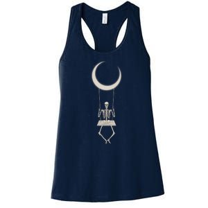 Cool Funny Halloween Skeleton On A Moon Swing Women's Racerback Tank